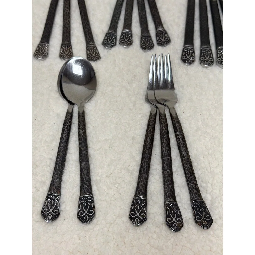 Mixed Lot 17pc Flatware Stainless Hammered Ornate Avalon Dark Metal